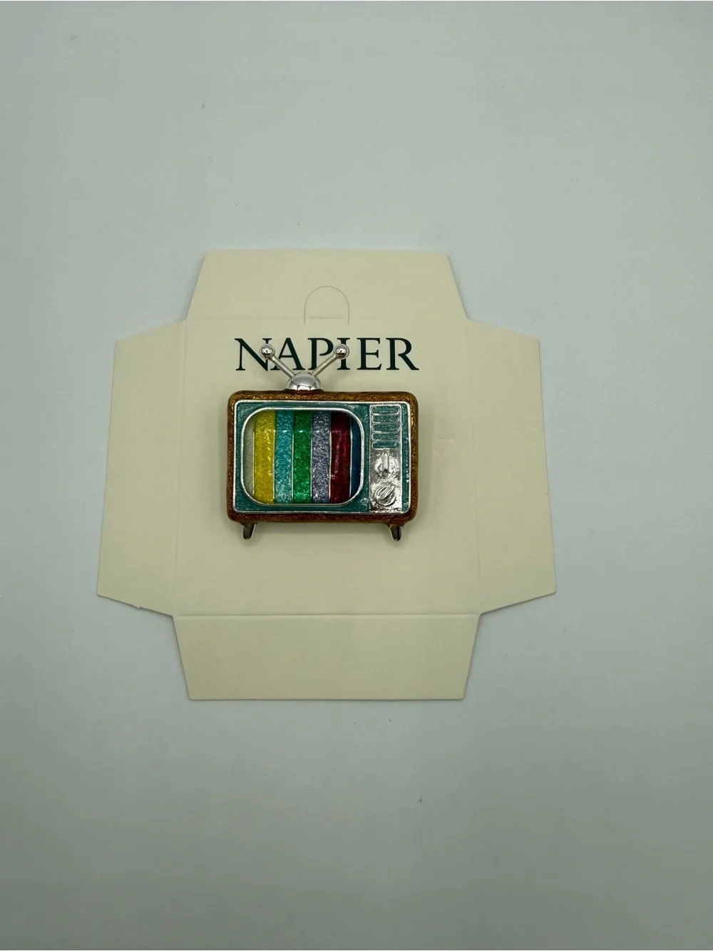 Vintage Napier Retro Television Brooch Pin Color Bar TV Enamel Silver Tone